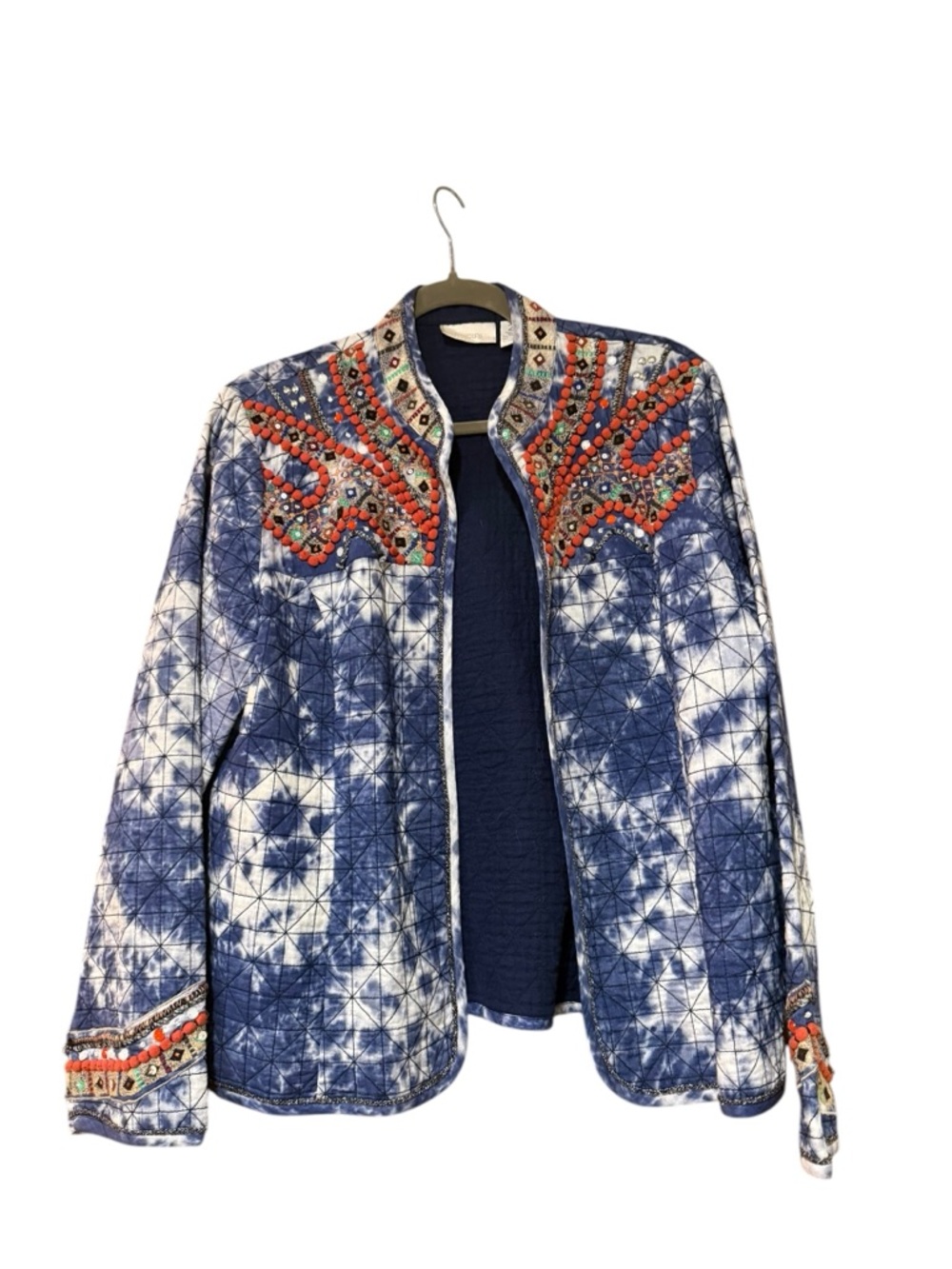 🔻Chico’s Embellished Indigo Tie Dye Quilted Jacket Beaded Boho Artisan Size 2 - Picture 3 of 8